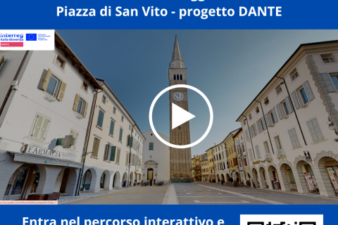 Locandina di presentazione dell'iniziativa, con in alto il logo del programma transfrontaliero Interreg Italia-Slovenija, al centro una fotografia della piazza di San Vito al Tagliamento e in basso un QRcode che rimanda al percordo interattivo sviluppato