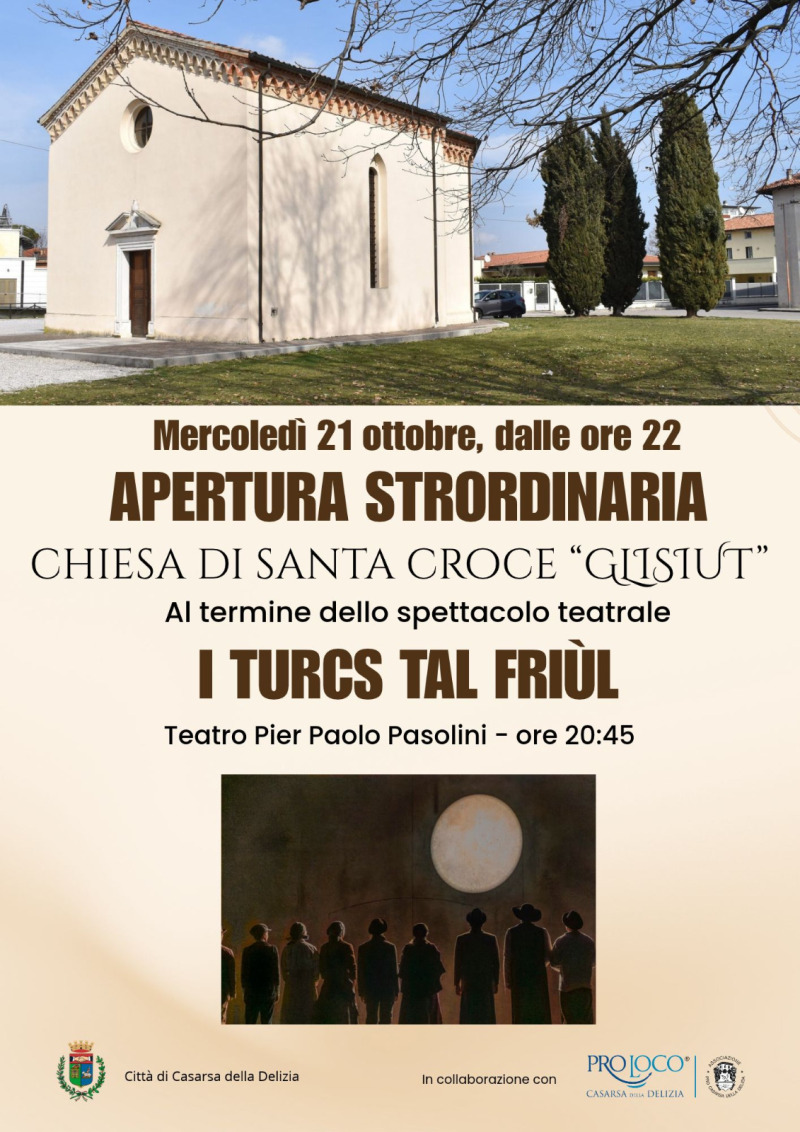 Locandina descrittiva dell'evento con una foto della Chiesa di Santa Croce in alto e un'immagine dei Turcs tal Friul in basso