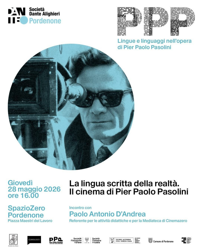 Locandina dell'evento con al centro un'immagine in bianco e nero di Pier Paolo Pasolini dietro a una macchina da presa